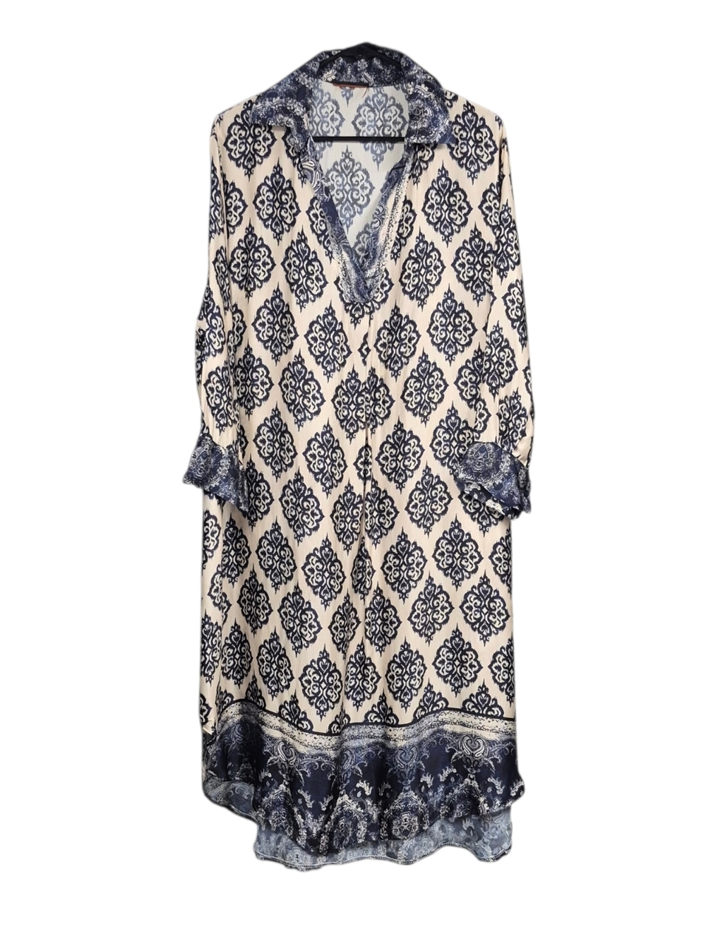 Retro Kaftan Dress Hi Low Hem Cream Navy Pattern Button Cuff Collared V Neck